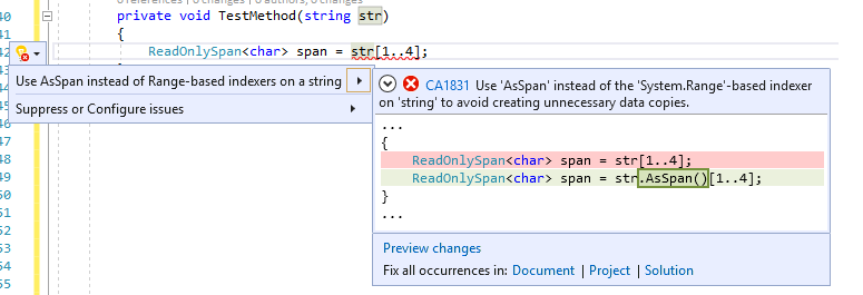 CA1831 - 該当時には範囲ベースのインデクサーの代わりに AsSpan を使用するためのコード修正
