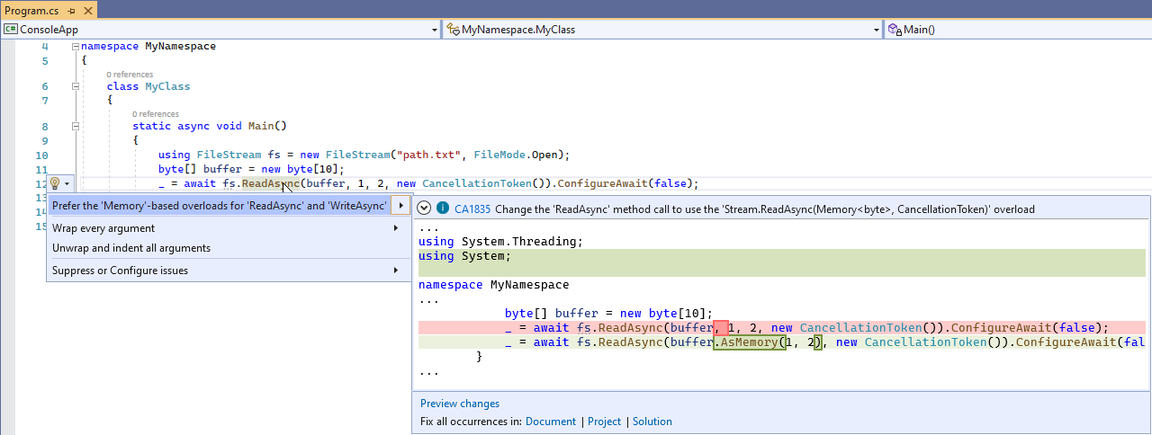 CA1835 - ストリームベースのクラスで ReadAsync/WriteAsync メソッドにメモリベースのオーバーロードを優先指定するためのコード修正