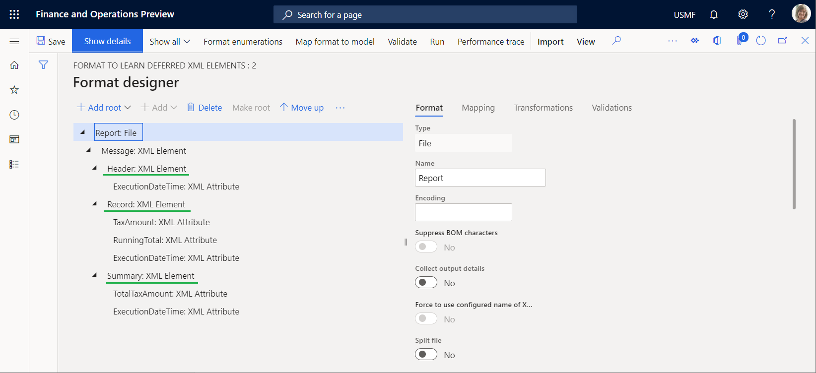 フォーマットデザイナーページにおけるメッセージ XML 要素およびネストされた XML 要素のスクリーンショット。