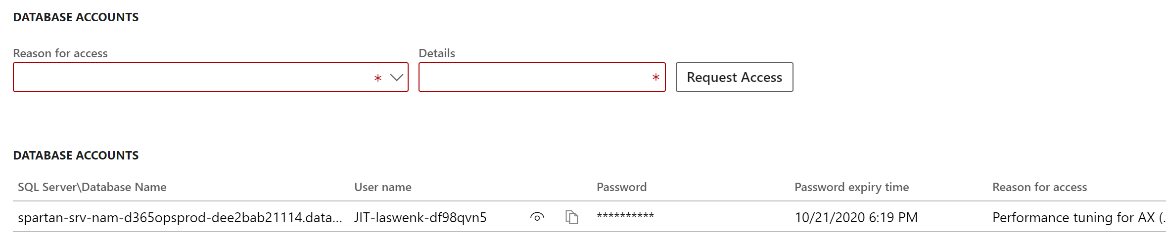 有効期限が表示されたデータベース アカウントのスクリーンショット。