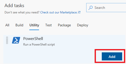 [タスクの追加] ウィンドウから PowerShell タスクを追加するスクリーンショット。