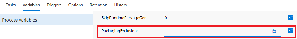 ビルド定義の PackagingExclusions 変数のスクリーンショット。