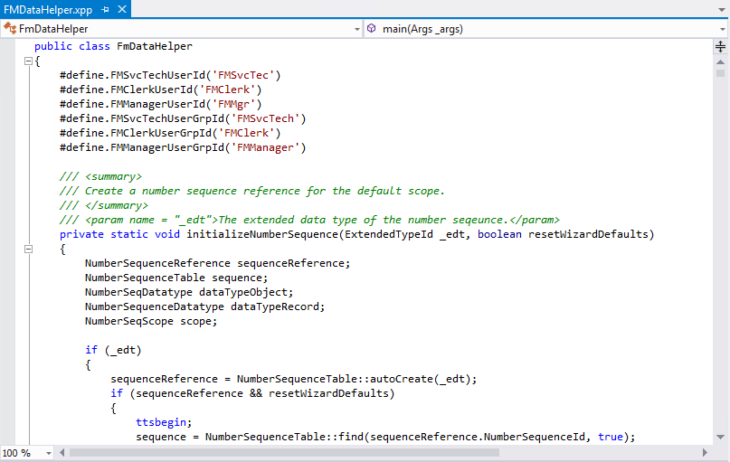 FmDataHelper のソース コードのスクリーンショット。