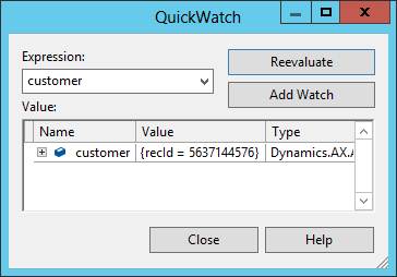 顧客変数を示す Visual Studio の [クイック ウォッチ] ウィンドウのスクリーンショット。