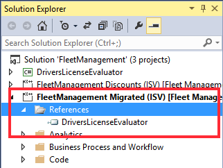 DriversLicenseEvaluator 参照を含む [参照] ノードを示すソリューション エクスプローラーのスクリーンショット。