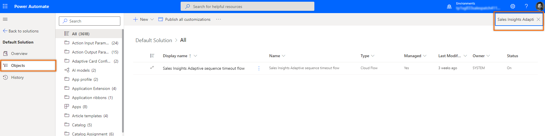 Sales Insights アダプティブ シーケンス タイムアウト フローの検索と選択のスクリーンショット。