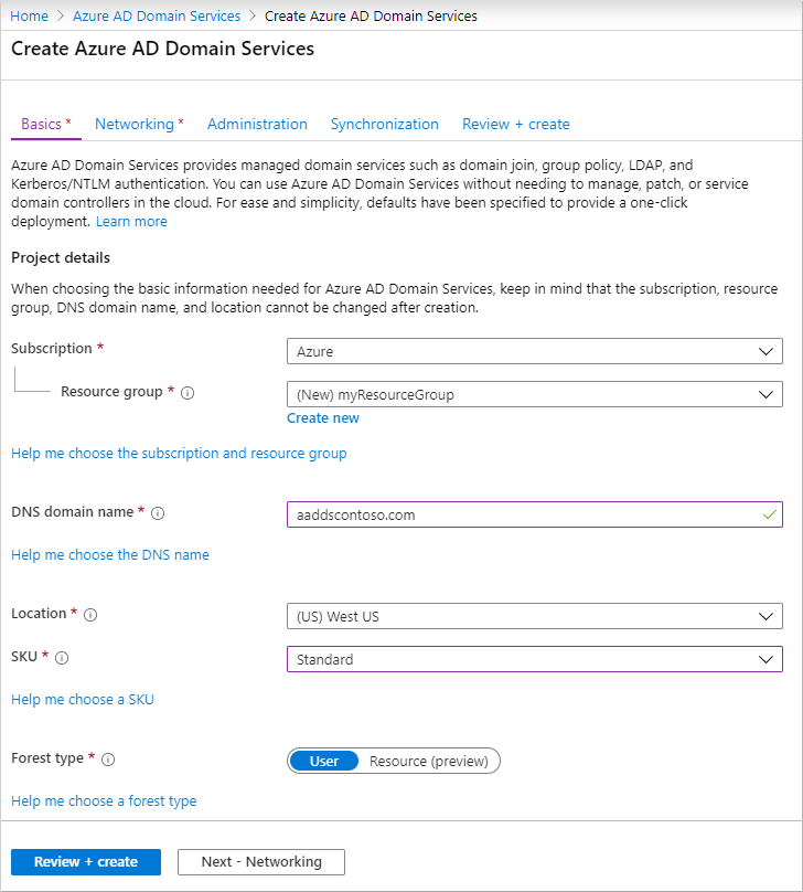 Microsoft Entra Domain Services マネージド ドメインの基本設定を構成する