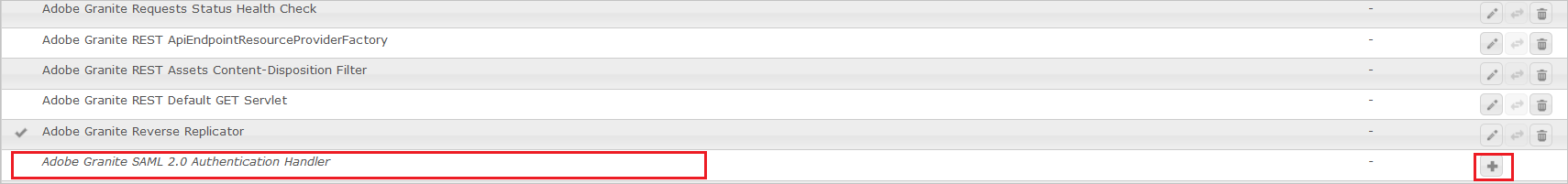 Adobe Granite SAML 2.0 認証ハンドラーが強調表示されているスクリーンショット。