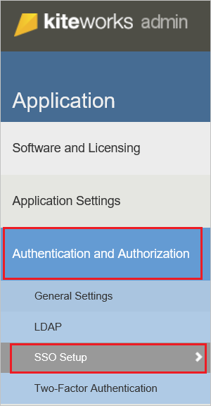 [Authentication and Authorization]\(認証と承認\) セクションで選択された [S S O Setup]\(S S O セットアップ\) を示すスクリーンショット。