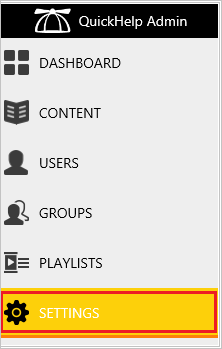 [QuickHelp Admin]\(QuickHelp の管理\) メニューの [Settings]\(設定\) が選択されている画面のスクリーンショット