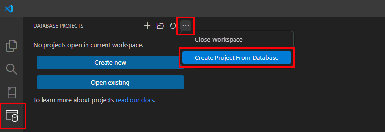 データベースからのプロジェクトの作成オプションを示すVisual Studio Codeからのスクリーンショット。