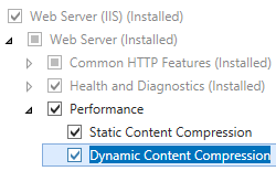 Windows Server 2012 で選択されている動的コンテンツ圧縮を示すスクリーンショット。