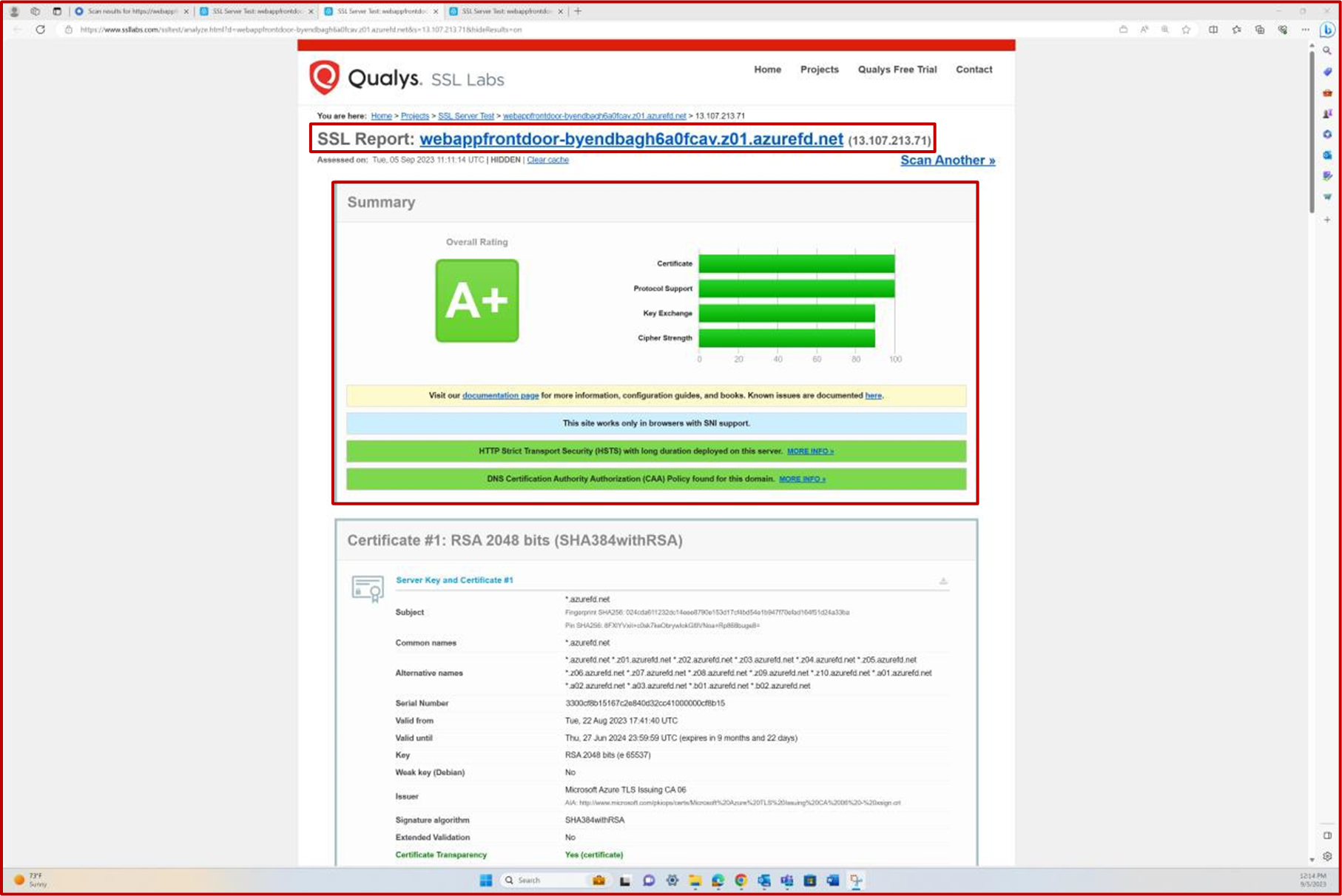 A+ レーティング証明書 #1 を使用した Qualys レポートによる SSL スキャン。