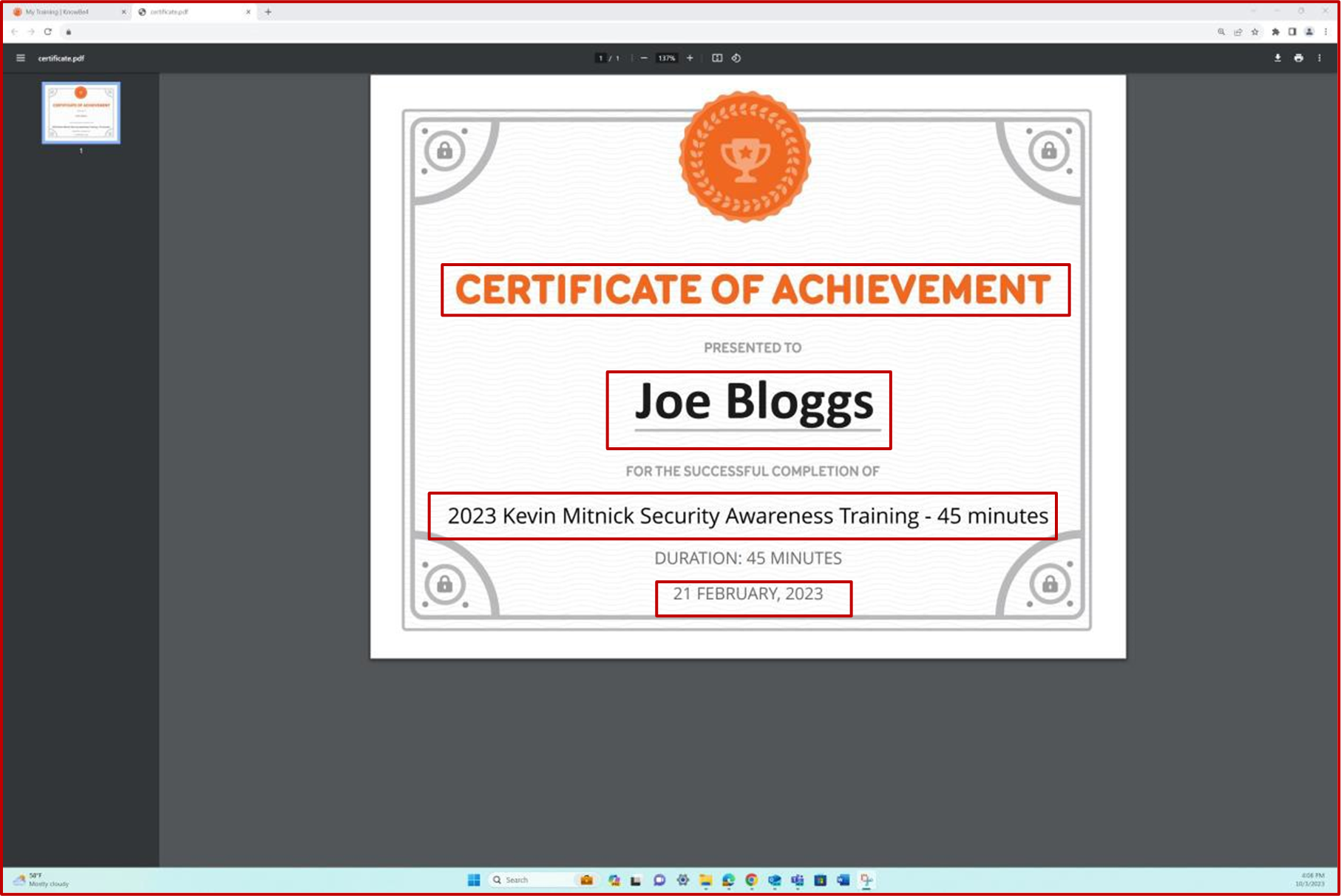 トレーニング完了の実績証明書が Joe Bloggs に提示されました