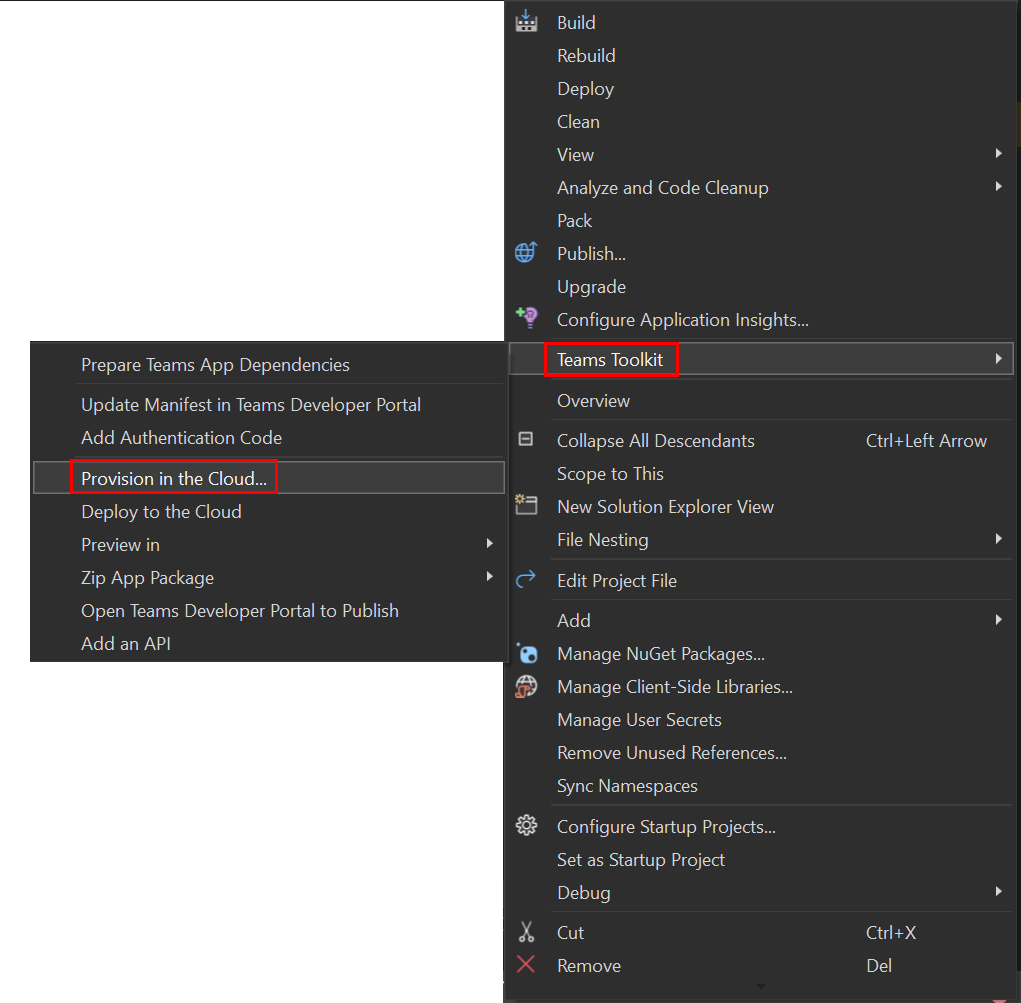 Visual Studio の [エージェント ツールキット] の下の [クラウドでのプロビジョニング] オプションを示すスクリーンショット。