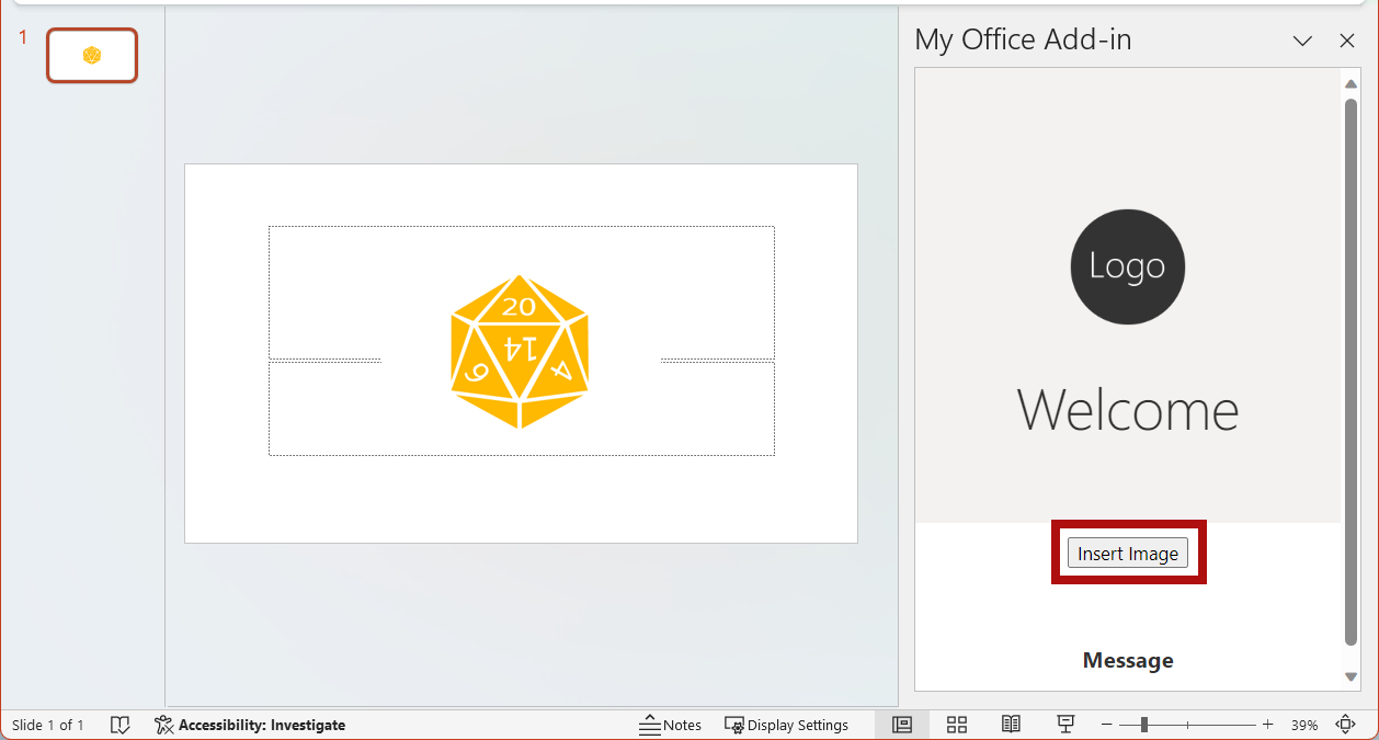PowerPoint アドイン上で強調表示されている [画像の挿入] ボタン。