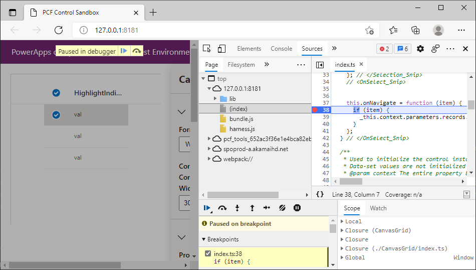 キャンバス データ グリッドの、index.ts の OnNavigate のデバッグ