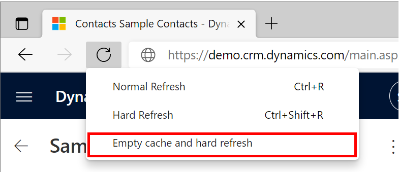 [空のキャッシュとハード更新] コマンドMicrosoft Edgeのスクリーンショット。