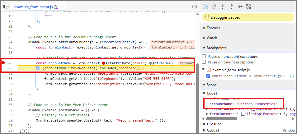 accountName の検査中に Example.attributeOnChange イベント ハンドラーで一時停止された DevTools のスクリーンショット。