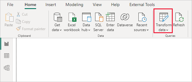 Power BI Desktop の Power Query エディターのスクリーンショット。[データの変換] が選択されています。