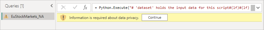 データのプライバシーに関する警告を示す Power Query エディター ペインのスクリーンショット。