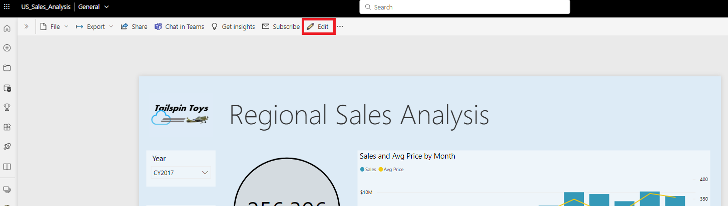 Power BI サービスの編集オプションのスクリーンショット。