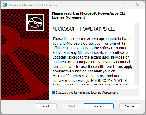 使用許諾契約書の条項に同意し、Power Apps CLIをインストールします