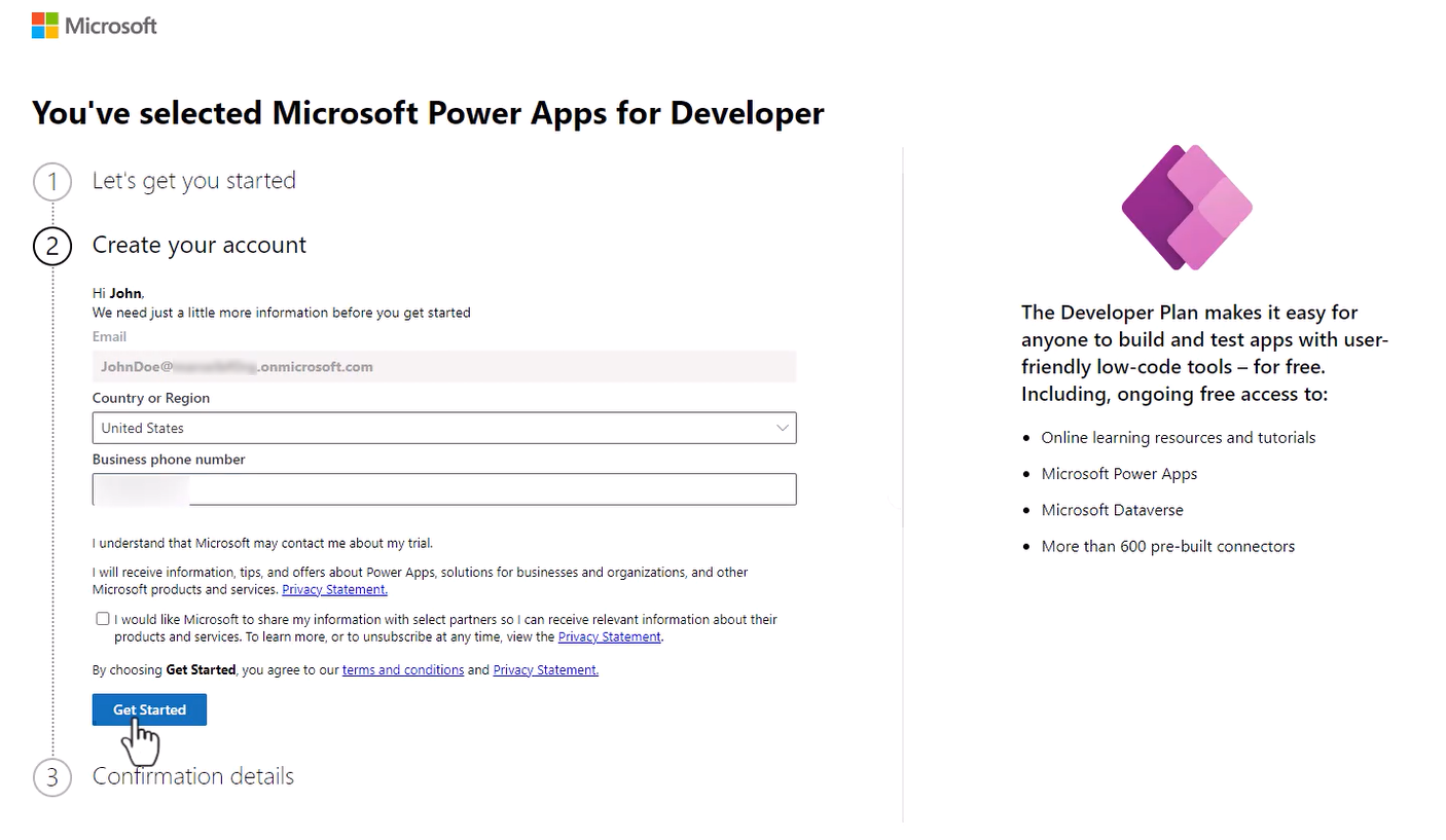 Power Apps Developer Plan のサインアップ ページのスクリーンショット。