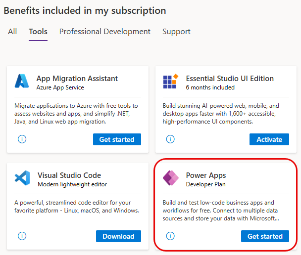 Visual Studio の Power Apps 開発者プラン。
