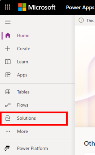 ソリューションの選択が強調された Power Apps ホーム ページのスクリーンショット。