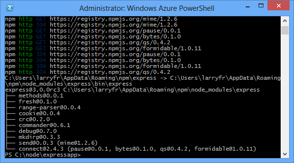 npm install express コマンドの出力を表示する Windows PowerShell。