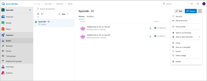 Azure Pipelines のビルド ページ
