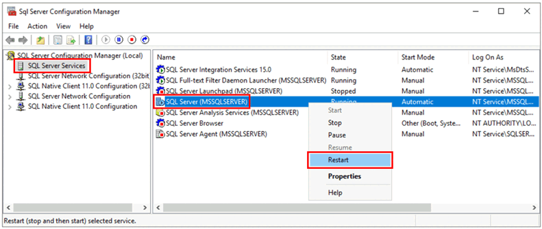 SQL Serverの再起動コマンドを示すスクリーンショット。