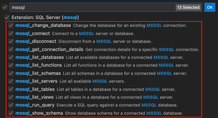 Copilot エージェント モードの MSSQL 拡張機能によって提供される SQL 固有のツールの一覧のスクリーンショット。