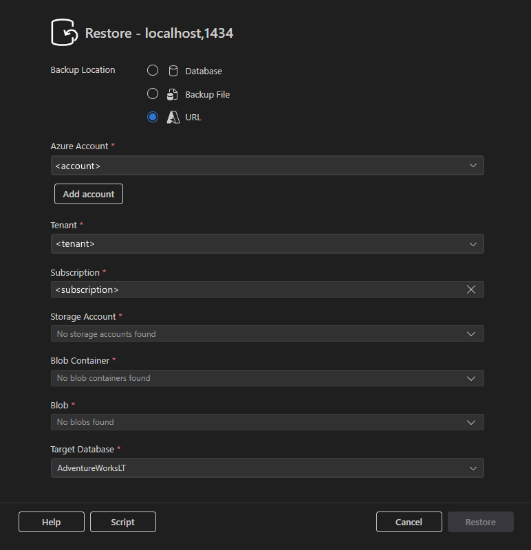 Azure 構成フィールドを示す URL オプションが選択された [復元] ダイアログのスクリーンショット。
