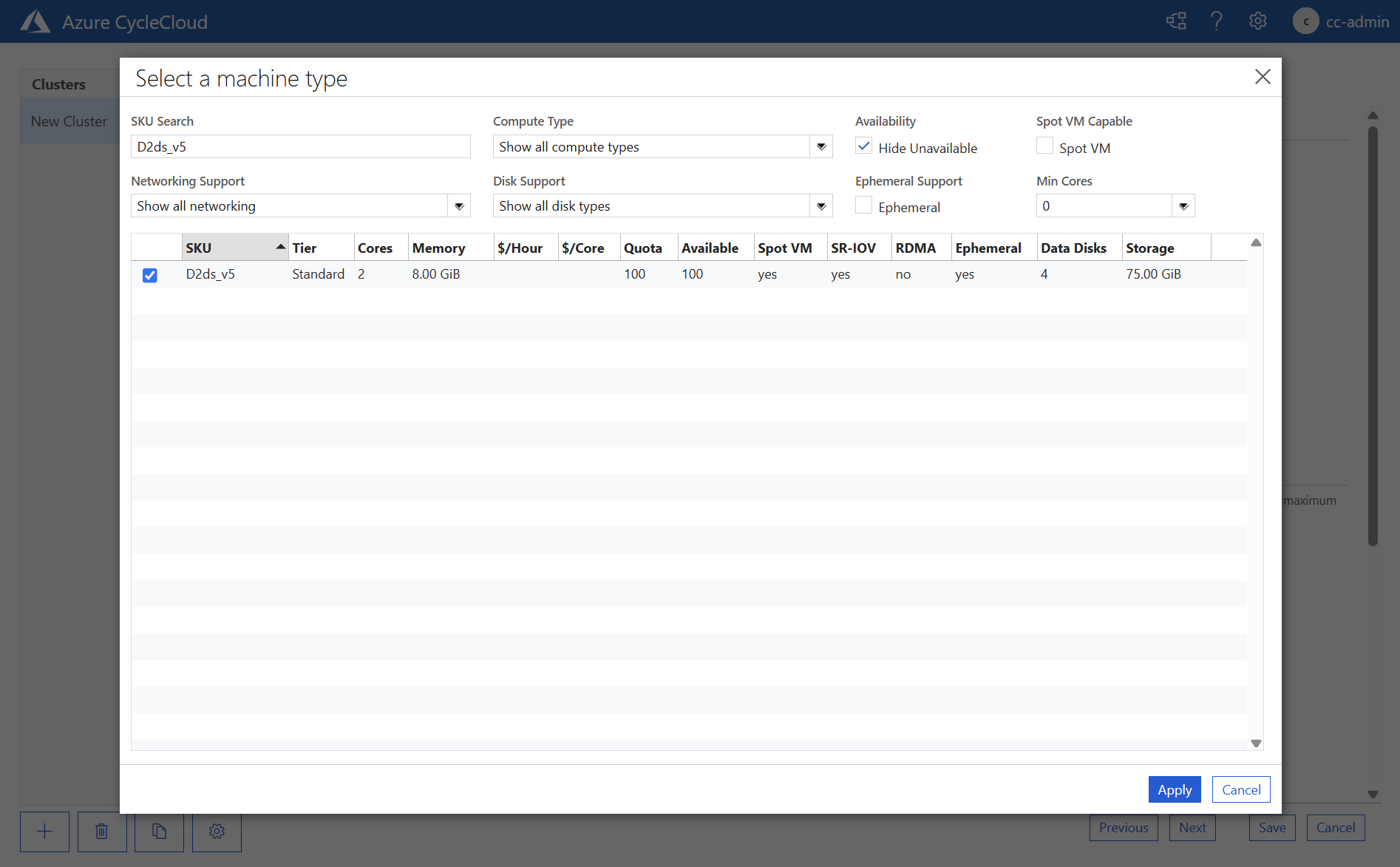 Azure CycleCloud Web アプリケーションの [新しい Slurm クラスター] ページの [マシンの種類の選択] ポップアップ ウィンドウ タブを示すスクリーンショット。