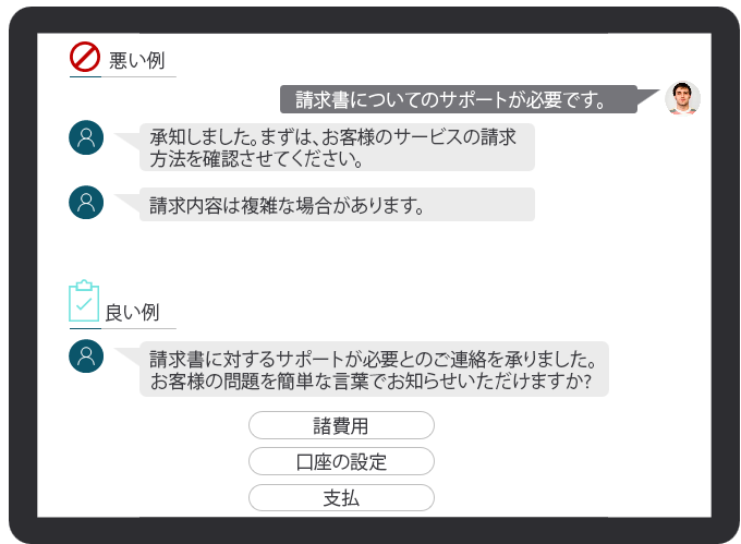感嘆符の多用を示さない、「すべきでないこと」と「すべきこと」のサンプル エージェント チャット。