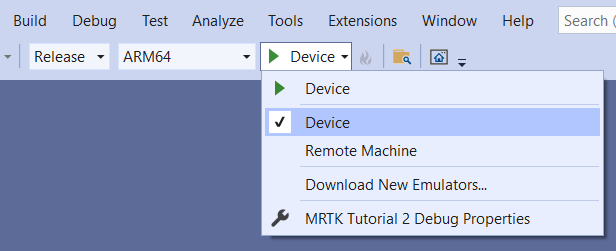 ターゲットとしてデバイスが表示されている Visual Studio ウィンドウのスクリーンショット。