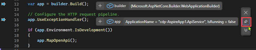 Visual Studio でデータ ヒントをピン留めする方法を示すスクリーンショット。