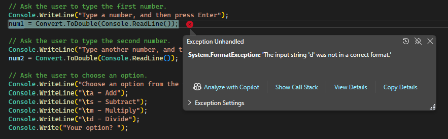 Visual Studio Code エディターのハンドルされない形式エラーを示すスクリーンショット。