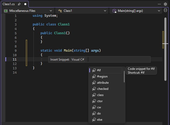 C# コード スニペット リストの IntelliSense ポップアップのスクリーンショット。