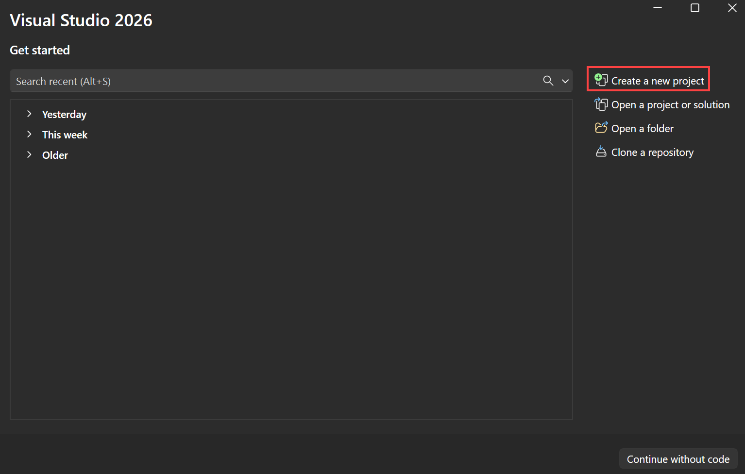 [新しいプロジェクトの作成] オプションが選択されている Visual Studio のスタート ウィンドウを示すスクリーンショット。