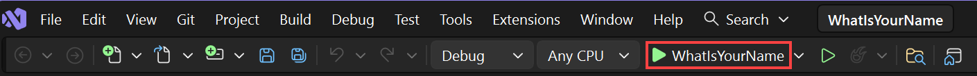 Visual Studio ツール バーの [What Is Your Name] ボタンが強調表示されているスクリーンショット。