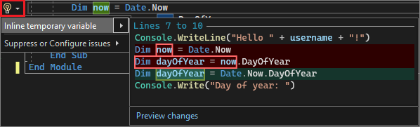 Visual Studio 2022でインライン一時変数の提案を示すスクリーンショット