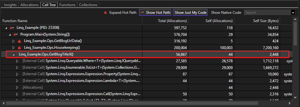 .NET オブジェクト割り当てツールでのメモリ割り当ての削減のスクリーンショット。