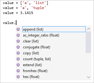 Visual Studio エディターで複数の型に対するメンバー補完を示すスクリーンショット。