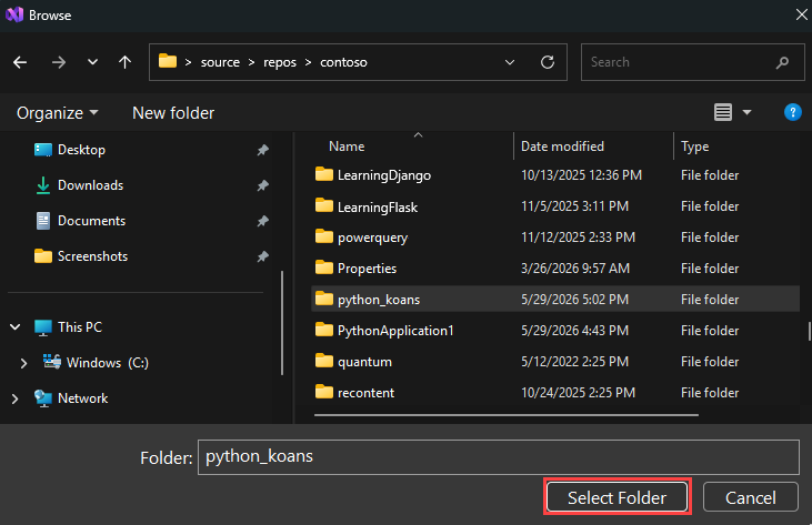 Visual Studio でローカル フォルダーを選択する方法を示すスクリーンショット。