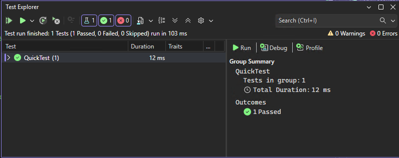 Visual Studio でテストを実行した後のテスト エクスプローラーを示すスクリーンショット。
