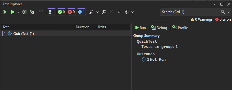 Visual Studio でテストを実行する前のテスト エクスプローラーを示すスクリーンショット。