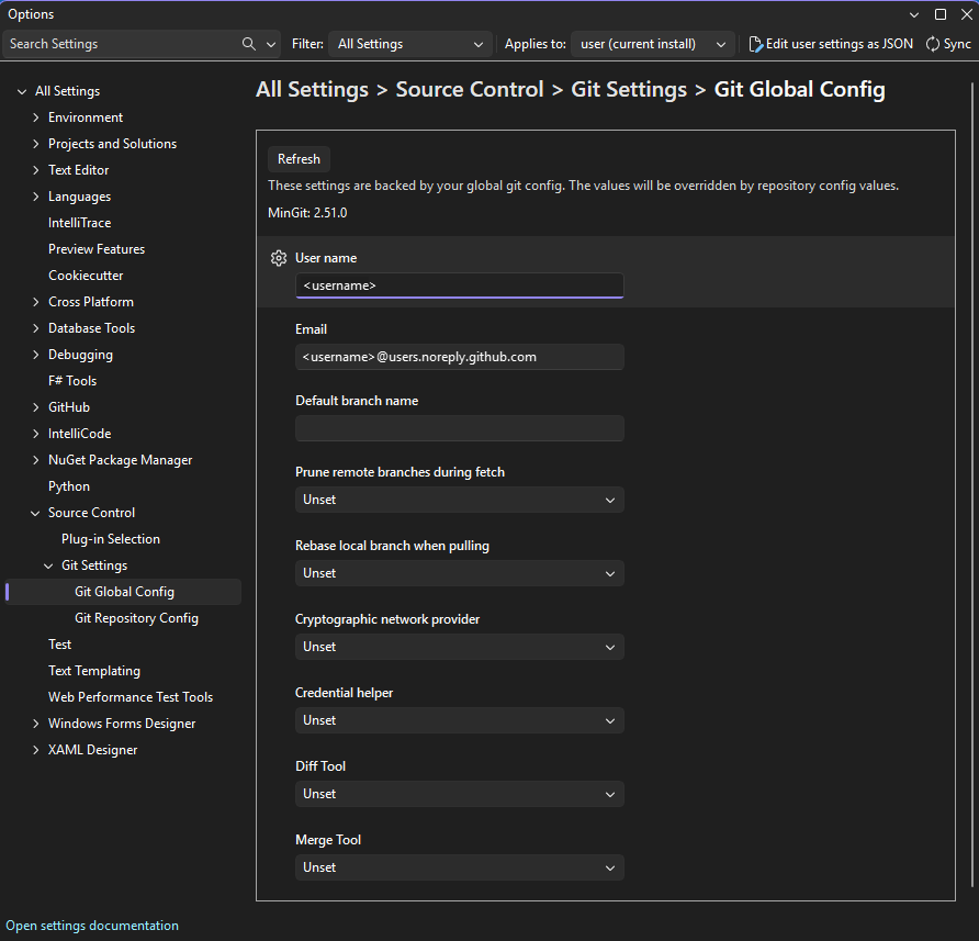 Visual Studio IDE で個人用設定とカスタマイズ設定を選択できる [オプション] ウィンドウのスクリーンショット。
